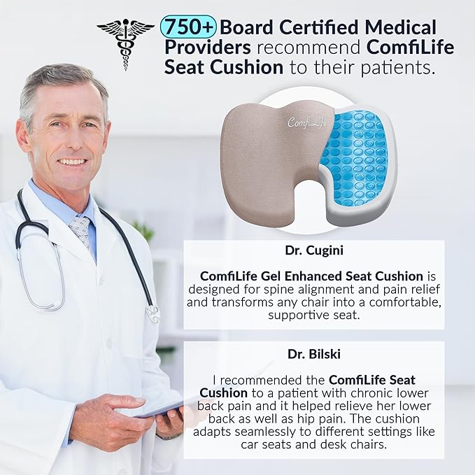 ComfiLife Premium Gel & Memory Foam Seat Cushion – Doctor Recommended Office Chair Cushion, Car Seat Cushion – Chair Cushions for Back & Sciatica Pain Relief – Seat Cushions for Office & Desk (Beige)