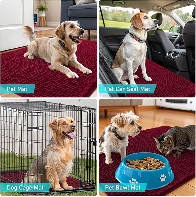 OLANLY Dog Door Mat for Muddy Paws 59x24, Absorbs Moisture and Dirt, Absorbent Non-Slip Washable Doormat, Quick Dry Chenille Mud Mat for Dogs, Entry Indoor Entryway Carpet for Inside Floor, Burgundy