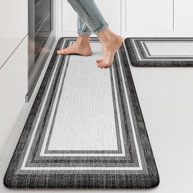 KIMODE Anti Fatigue Kitchen Mat for Floor 2PC,Kitchen Rugs Non Slip Rubber Backing,Waterproof Farmhouse Kitchen Floor Mat,Cushioned Standing Mat for Home Decor,Office,Laundry,Sink,Desk,Black and Grey