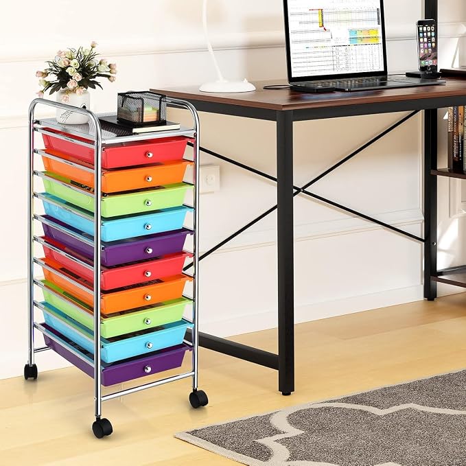 10-Drawer Rolling Storage Cart, Trolley w/Lockable 360° Wheels, 10 Removable PP Drawers, Sturdy Metal Frame, Rolling Utility Cart Perfect for Home, Office, Classroom (Multi-Colored)
