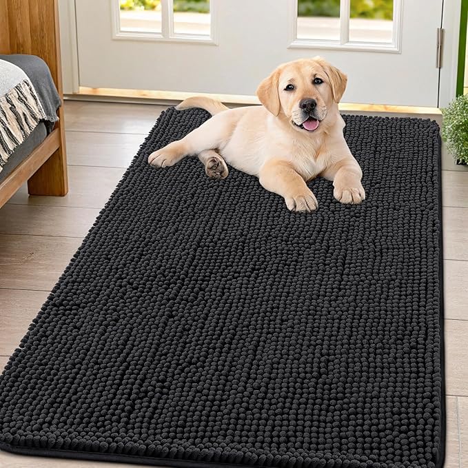 Smiry Dog Door Mat for Muddy Paws 44x32, Absorbent Dirt Trapper, Non-Slip Washable Chenille Entryway Rug for Inside Floor, Black, Classic Solid