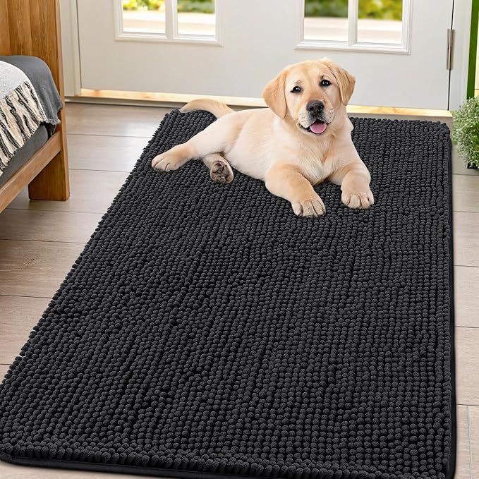 Smiry Dog Door Mat for Muddy Paws 54x32, Absorbent Dirt Trapper, Non-Slip Washable Chenille Entryway Rug for Inside Floor, Black, Classic Solid