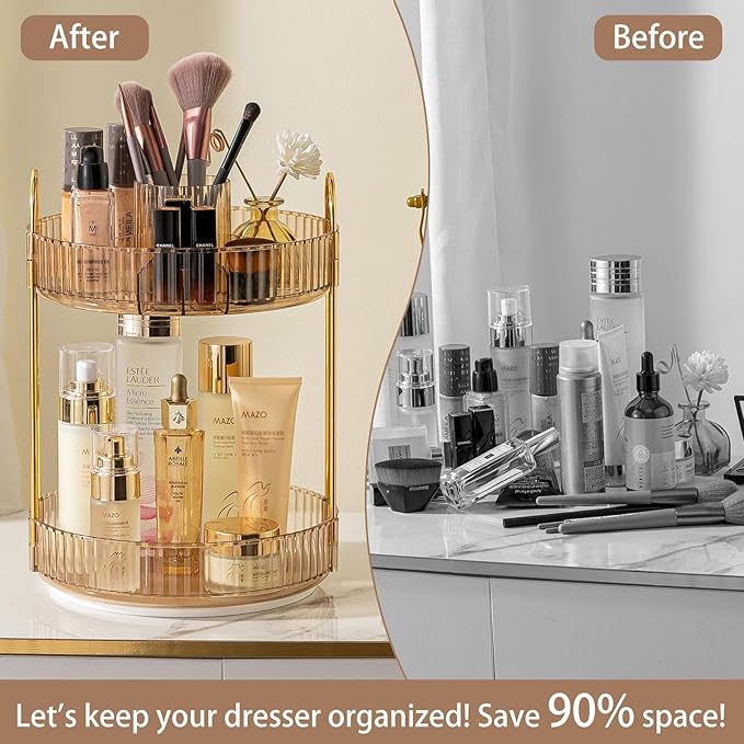 shuang qing Rotating Makeup Organizer for Vanity, High-Capacity Skincare Clear Make Up Storage Perfume Organizers Cosmetic Dresser Organizer Countertop 360 Spinning (Gold, New-2 Tier)