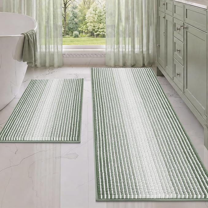 BSICPRO Bathroom Rugs and Mats Sets, 2 Piece Thick Absorbent Chenille Bath Mat Rug Set Non Slip, Soft Bath Room Floor Mats for Bathroom, Machine Washable (20" x 60" Plus 20" x 32",Greyish Green)
