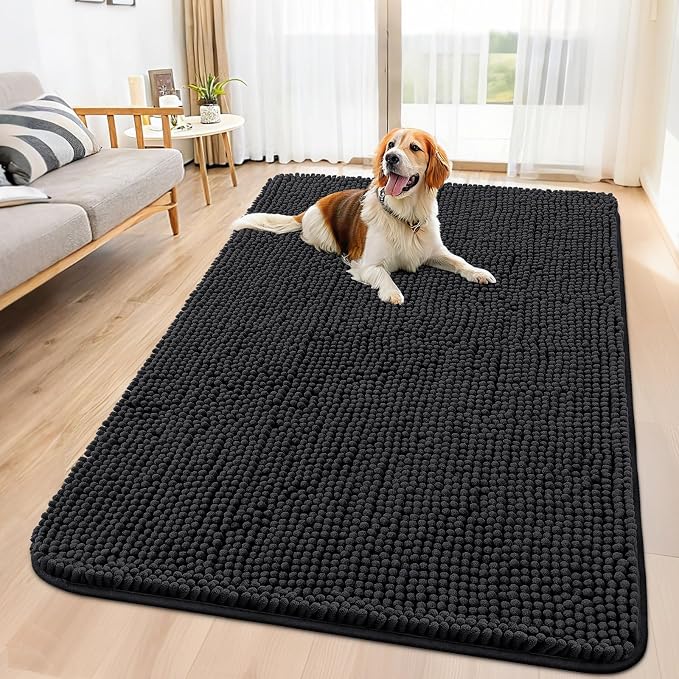 Smiry Dog Door Mat for Muddy Paws 59x35, Absorbent Dirt Trapper, Non-Slip Washable Chenille Entryway Rug for Inside Floor, Black, Classic Solid