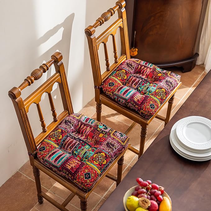 vctops Boho Chair Cushions with Ties Patchwork U-Shaped Soft Cozy Cotton Linen Chair Pads Non Slip Seat Cushions for Indoor Dining Room and Kitchen Chairs (Tan,18"x18")