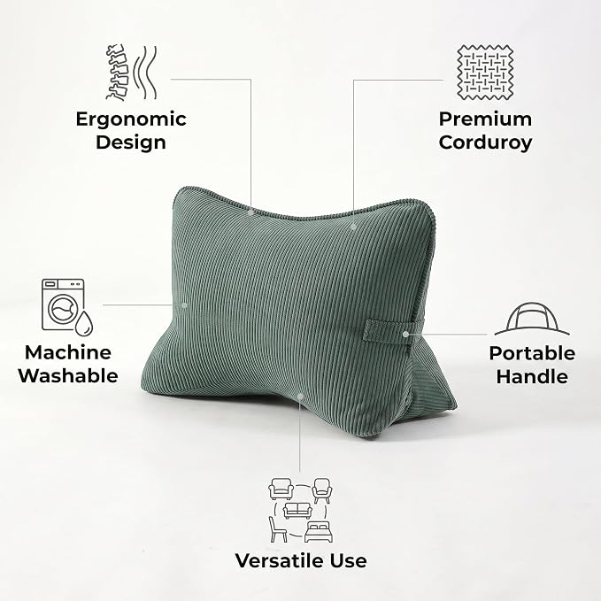 Pat. Pend. Corduroy Lumbar Support Pillow for Sitting and Posture Support, Triangle Cushion for Bed, Sofa or Couch, Reading Back Pillow with Removable Washable Cover, Peacock Blue