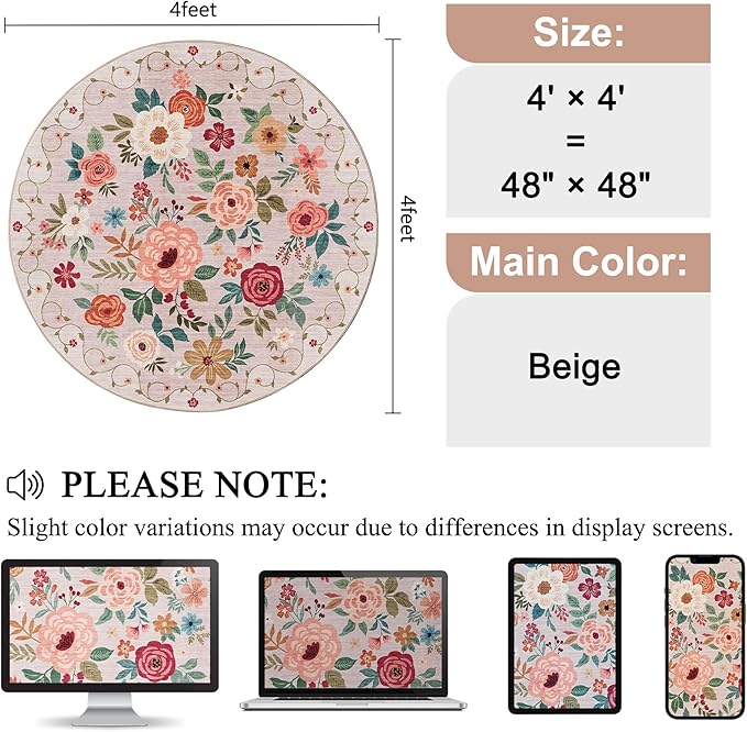 DUKINO Floral Round Rug, 4ft Washable Round Area Rug, Non Slip Indoor Low Pile Circle Rug, Soft Small Boho Design Circle Rug for Bedroom, Entryway, Living Room, Dining Room,Beige