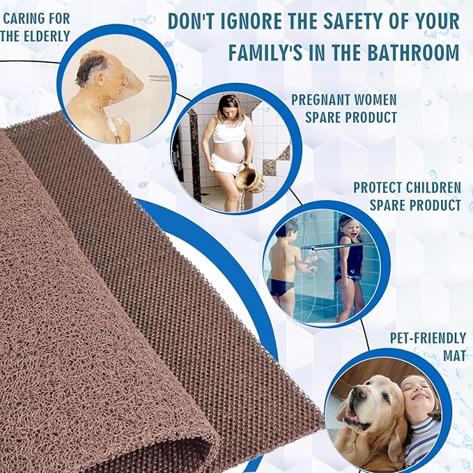 godehone Shower Mats Non Slip Without Suction Cups, PVC Loofah Bathroom Mats, Loofah Mats for Shower and Bathroom, Quick Drying, 17.1× 59 Inch, Brown