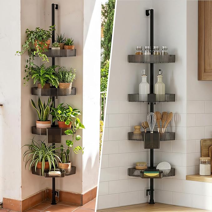 Corner Shower Caddy Extendable Rustproof Shower Organizer Adjustable 4-Tier Bathroom Shelves Anti-Tipping Bathtub Shampoo Storage Floor Standing Bath Rack 45-75 Inch No-Drill Quick Installation