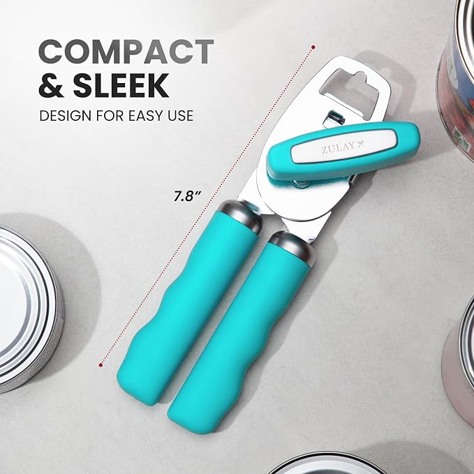 Zulay Kitchen Heavy Duty Stainless Steel Can Opener Manual with Bottle Opener - Rust Proof Manual Can Opener With Turn Knob & Comfy Soft Grip Handles - Turquoise