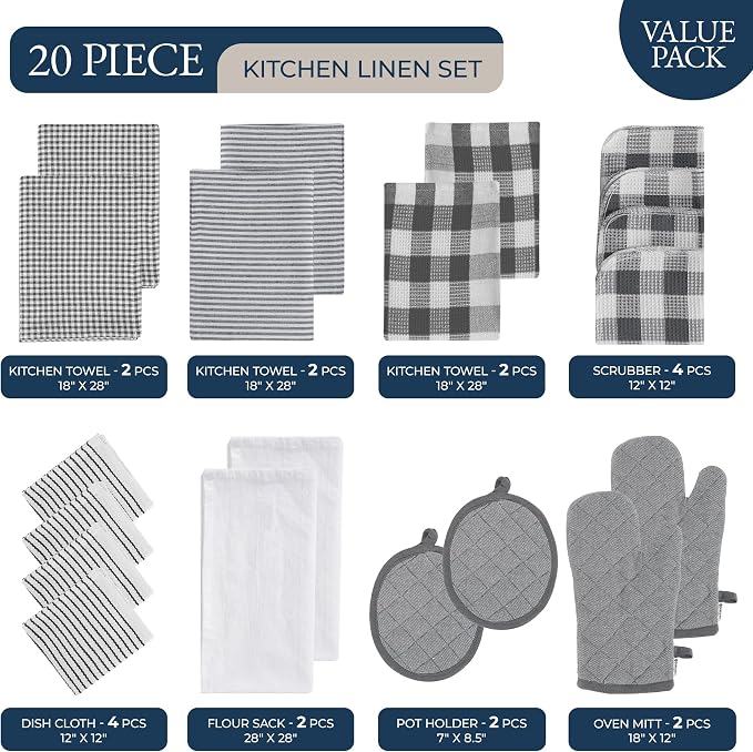 LANE LINEN Kitchen Towels and Oven Mitt Set 20 Pc - Lint Free Cotton Dish Towels for Kitchen Drying, Cozy Terry Dish Rags, Flour Sack Towels for Sourdough Bread Proofing & Quilted Pot Holders - Grey