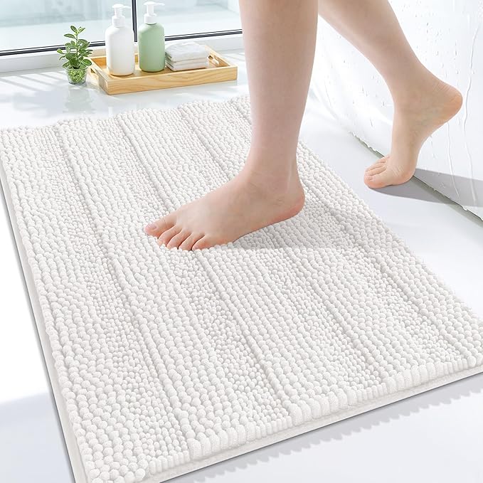 Grandaily Chenille Striped Bathroom Rugs 24x16, Extra Thick and Absorbent Bath Mats, Non-Slip Soft Plush Shaggy Shower Carpet, Machine Wash Dry, Bath Rug for Bathroom, (Small, Cream)