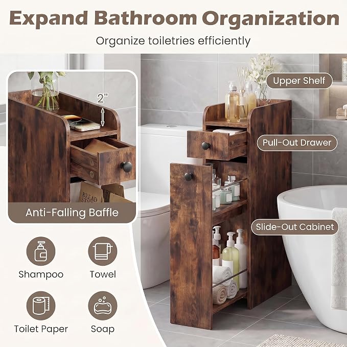 COSTWAY Slim Bathroom Cabinet, 7" Wide Space-Saving Storage with 2-Tier Slide-Out Drawer, Shelf & Toilet Paper Holder, Freestanding Narrow Organizer for Bathroom, Laundry & Small Spaces (Rustic Brown)