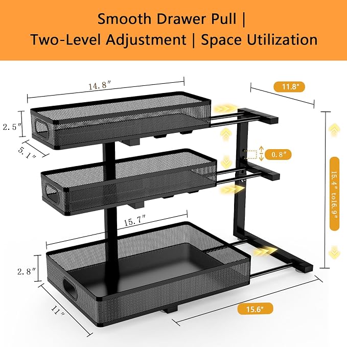 Under Sink Organizer, 2-Pack 3-tier Under Sink Storage Organizer Adjustable Height Easy Assembly Pull Out Cabinet Organizers Basket for Bathroom Kitchen Pantry Home Organization