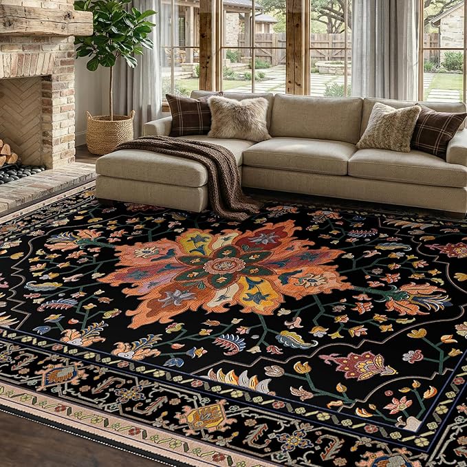 RELEANY Area Rugs 7'x9' Washable Non-Slip, Floral Vintage Distress Medallion Carpet for Living Room Bedroom Dining Room, Black Colorful Floral Dark Tan