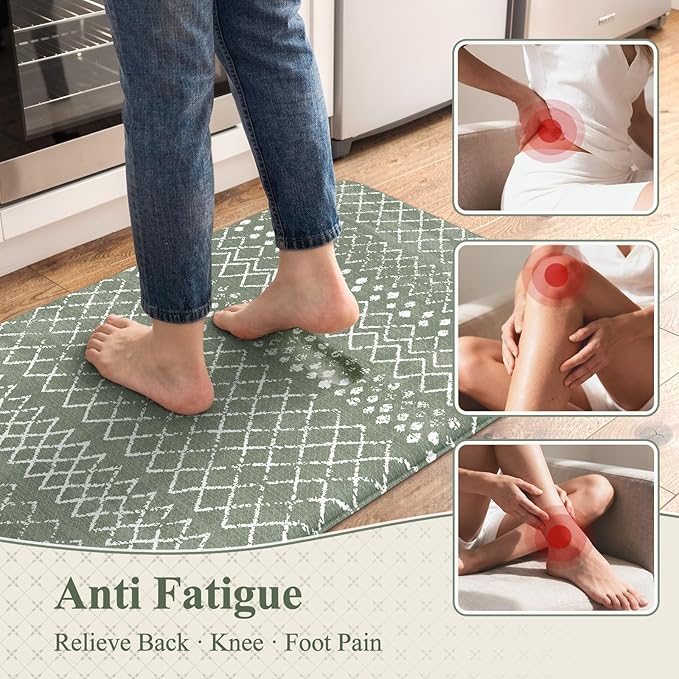 KIMODE Kitchen Mats for Floor Anti Fatigue Green Boho Kitchen Rugs Sets of 2 Cushioned Kitchen Floor Mats Comfort Standing Mat Geometric Laundry Room Rug for Bathroom Sink Office Desk 17"x47"+17"x29"