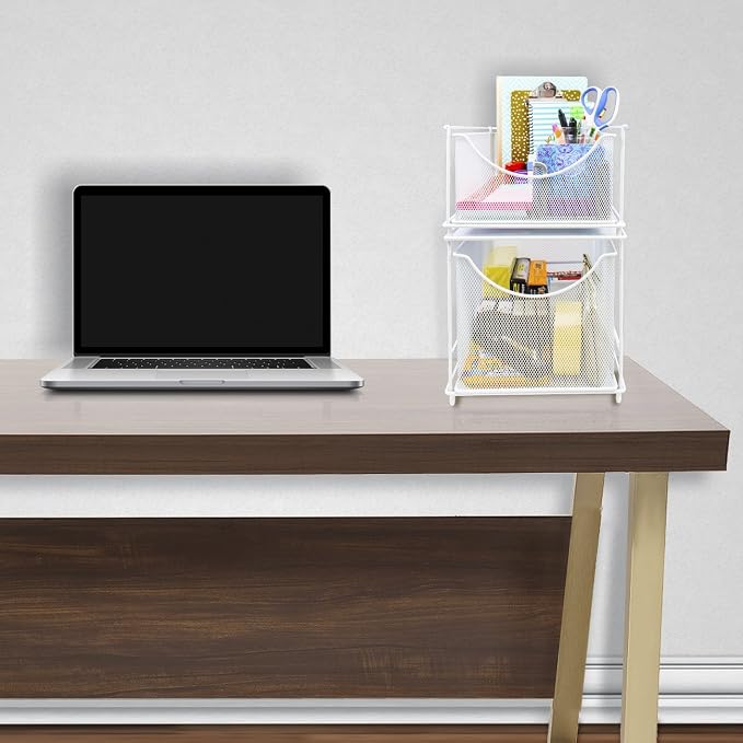 Sorbus® Cabinet Organizer Set—Mesh Storage Organizer with Pull Out Drawers—Ideal for Countertop, Cabinet, Pantry, Under the Sink, Desktop and More (White Two-Piece Set)