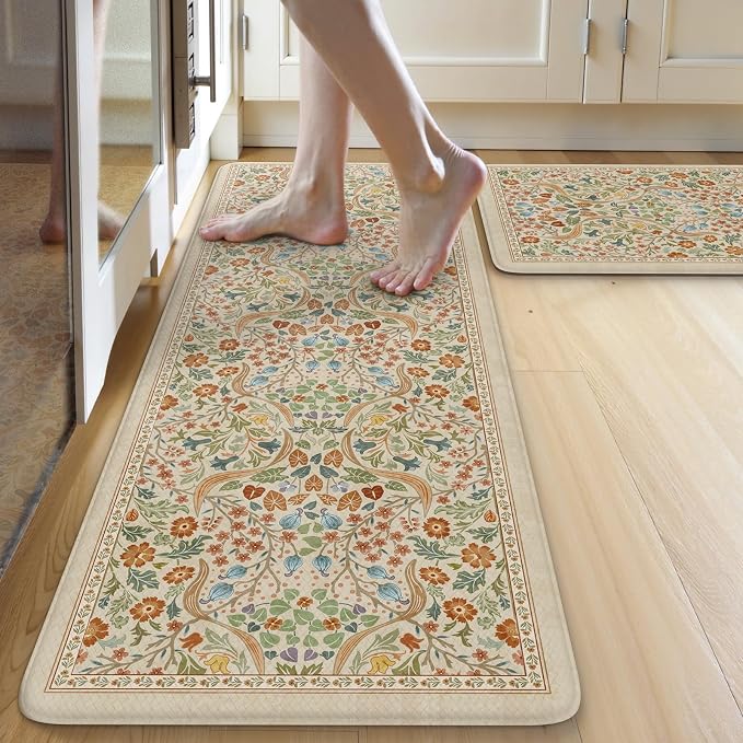 Collive Kitchen Mats Cushioned Anti Fatigue, Non Slip Waterproof Kitchen Floor Mat Beige Rug 2 Piece, Modern Comfort Desk Standing Rugs for Sink, Home Office, Laundry, Bedroom