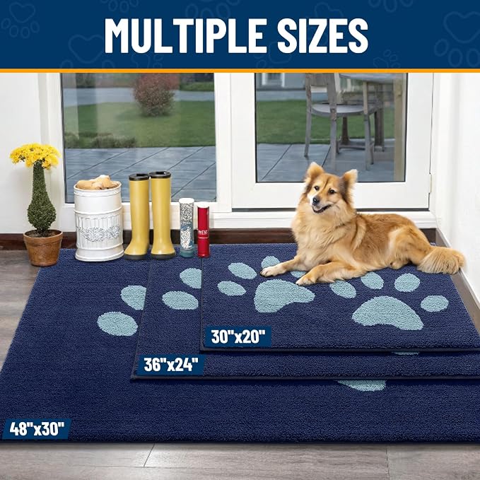 Smiry Dog Door Mat for Muddy Paws, Absorbs Moisture and Dirt, Low-Profile Entryway Mat with Non-Slip Backing, Entry Indoor Outdoor Doormat for Inside Floor (47x24 Inches, Dark Blue, Paw)