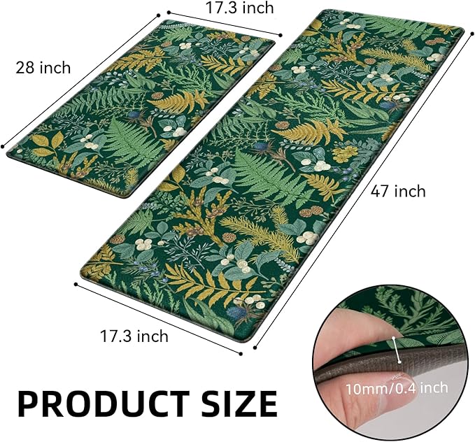 Dark Green Botanical Kitchen Rugs Set of 2 Plant Leaf Anti-Fatigue Kitchen Mat Natural Comfort Standing Waterproof PVC Mats 2/5" Thick Leather Carpet for Laundry Office Sink(17.3" x28" + 17.3" x 47")