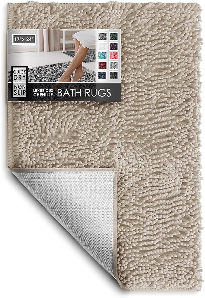Hearth & Harbor Bathroom Rugs, Chenille Bath Mat - Machine Washable Bath Mats for Bathroom Non-Slip Backing Rubber, Quick Dry Bathroom Mat