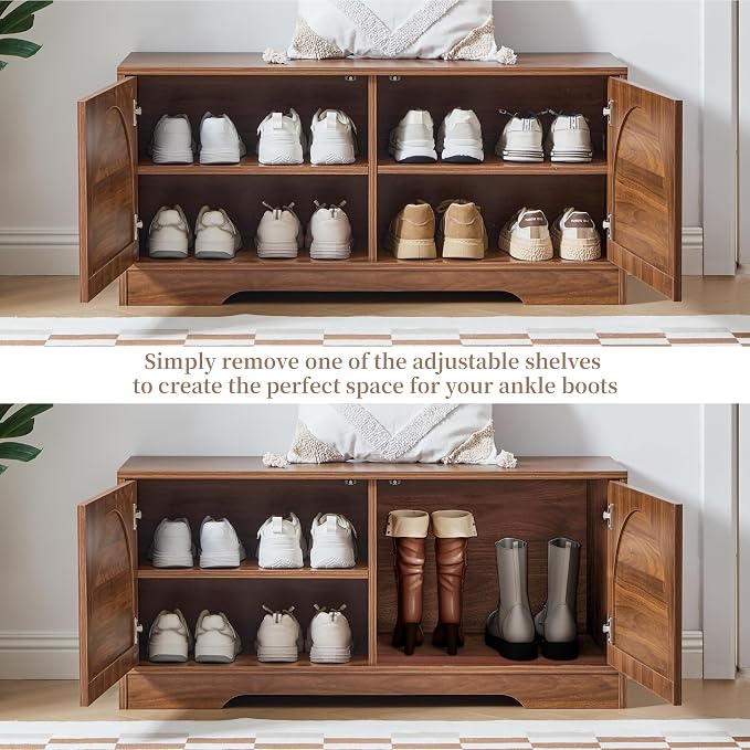 BERRYMERRY 39.4" Fluted Shoe Storage Bench for Entryway,2 Tier Shoe Cabinet Bench with Adjustable Shelf,Bench for Bedroom End of Bed (Walnut, 13.8”D x 39.4”W x 18.5”H)
