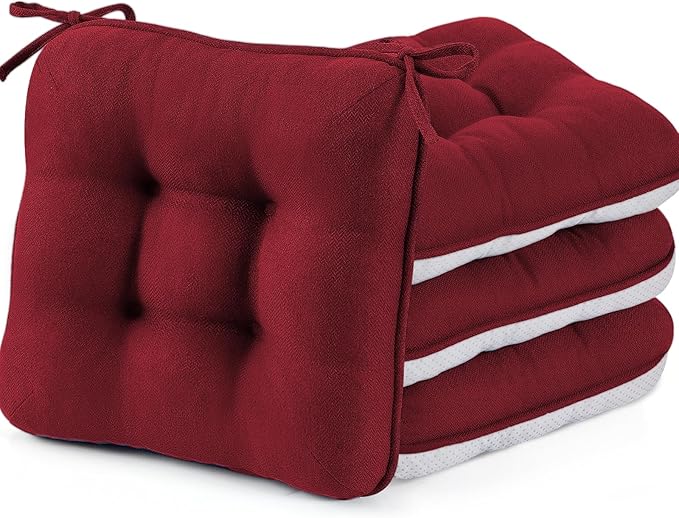 BETU Chair Cushions for Dining Chairs Set of 4, Thick Kitchen Table Chair Pads with Ties,Non Slip Backing and Covers, Seat Cushion for Dining Room,Bar,Patio Chairs,15.5"X15.5"X3.5" Red