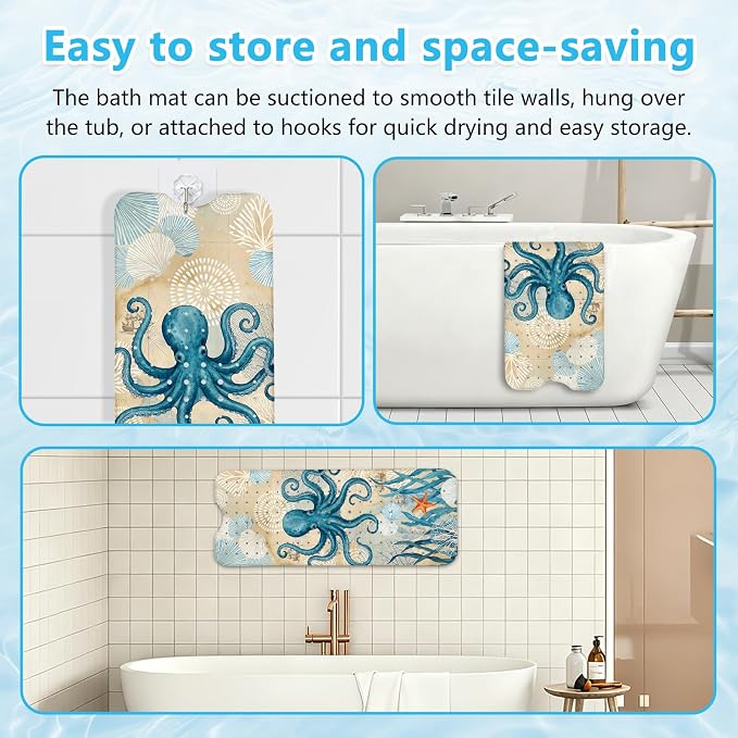Bath Mat for Tub, Nautical Octopus Bathtub Mats, Machine Washable, Non Slip Shower Mat with Suction Cups and Drain Holes for Adults Kids, Vintage Coastal Tub Mats Gift for Nautical Lovers Bath Decor