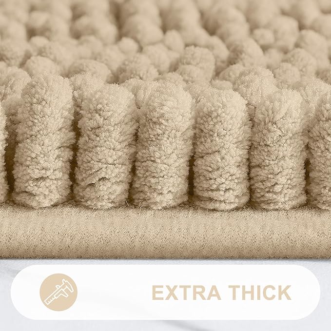 Grandaily Chenille Striped Bathroom Rugs 70x24, Extra Thick and Absorbent Bath Mats, Non-Slip Soft Plush Shaggy Shower Carpet, Machine Wash Dry, Bath Rug for Bathroom, Beige
