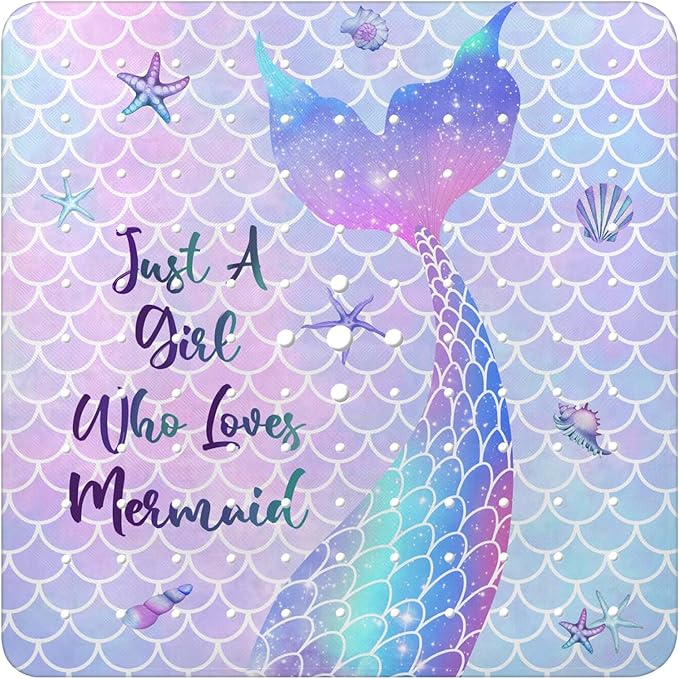 Bathtub Mat Non Slip, Mermaid Square Bath tub Mat Shower Floor Mat with Suction Cups for Adults Kids Elderly 21 X 21 Inch