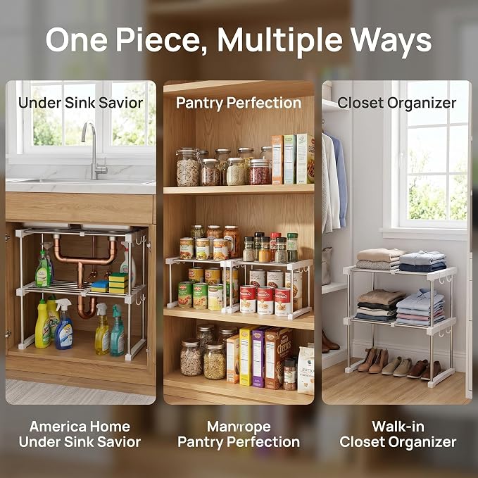 BLULEE Expandable Under Sink Organizer, No-Drill Adjustable Shelf for Heavy Laundry Supplies, Custom Fit Around Pipes Cabinet Rack for Bathroom Vanity and Kitchen Pantry