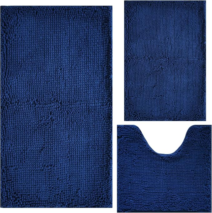 Bathroom Rugs Chenille 3-Piece Extra Soft and Absorbent Shag Bathroom Rugs, Machine Wash Mat, Strong PVC Non-Slip Underside, Plush Carpet Mats (Navy Blue)