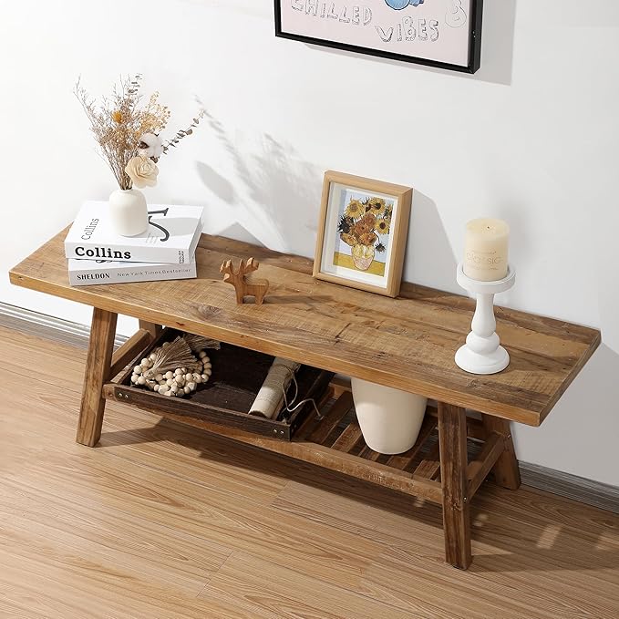HOKYHOKY Reclaimed Solid Wood Bench-43.3" Farmhouse Entryway Bench with Storage Shelf, Narrow Rustic Bench for Hallway, Kitchen, Bedroom, Dining