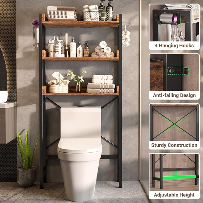 Besiost Over The Toilet Storage Rack - 3 Tier Bathroom Organizer with Shelves, Freestanding Space Saver Storage Rack Above Toilet Stand with 4 Hooks for Restroom, Laundry, Rustic Brown