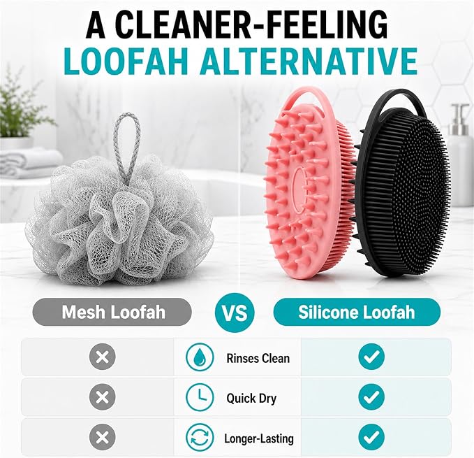 2 Pack Silicone Body Scrubber, Loofah Double-Sided Body Brush,Shower Scrubber and Scalp Massager Shampoo Brush for Sensitive Kids Women Men All Kinds of Skin (Black & Pink)