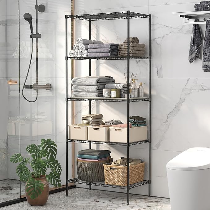 BestOffice | 5-Tier Wire Storage Shelves | 14 x 24 x 60 | Black | with Adjustable Racks | Metal Shelf, Holds Upto 500 lbs | No-Tool Assembly | Ideal for Home & Garage Shelving