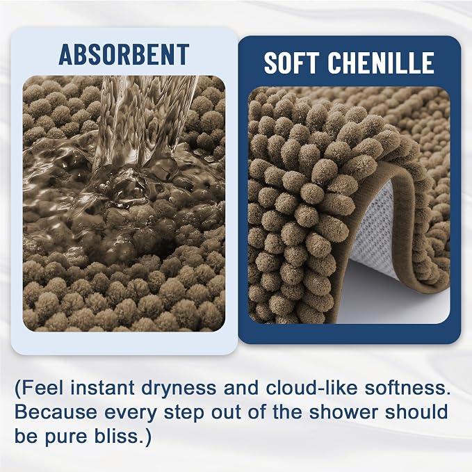 Grandaily Chenille Striped Bathroom Rugs 30x20, Extra Thick and Absorbent Bath Mats, Non-Slip Soft Plush Shaggy Shower Carpet, Machine Wash Dry, Bath Rug for Bathroom, (Medium, Camel)