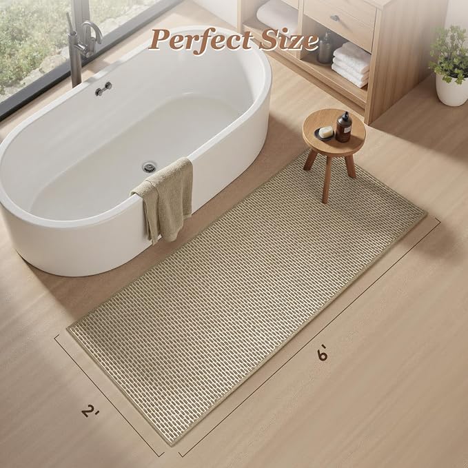 AMOAMI Unique Woven Bathroom Runner Rug, Super Absorbent Non Slip Bath Mats for Bathroom Textured Bathroom Mat Quick Dry Boho Rugs Runners for Hallyways Kitchen Bedroom Beside Tub, 2' x 6', Brown