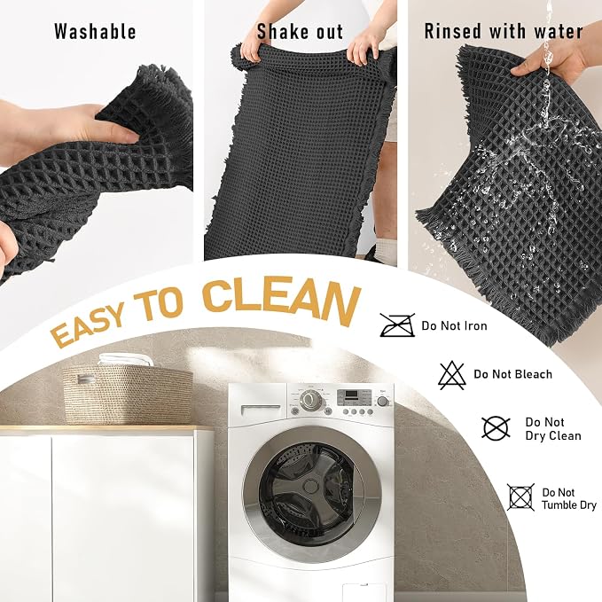 JIUZHEN Set of 2 Waffle Bath Mats Non Slip Waffle Bathroom Runner Rug Washable Boho Runner Bath Rugs Super Absorbent Shower Mat for Bathroom Kitchen Hallway Laundry, 16" x 24" +24" x 48", Black