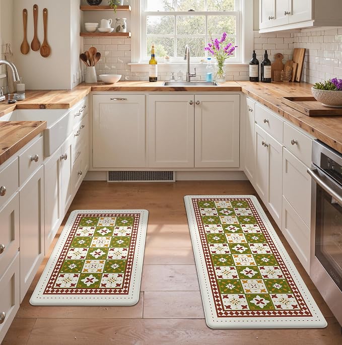 GENIMO Anti Fatigue Kitchen Mats for Floor, Cushioned Non Slip Kitchen Rug, Waterproof Kitchen Floor Mat Runner, Kitchen Mat for Laundry, Sink, Office, Entryway, 20"x48"+20"x32", Green