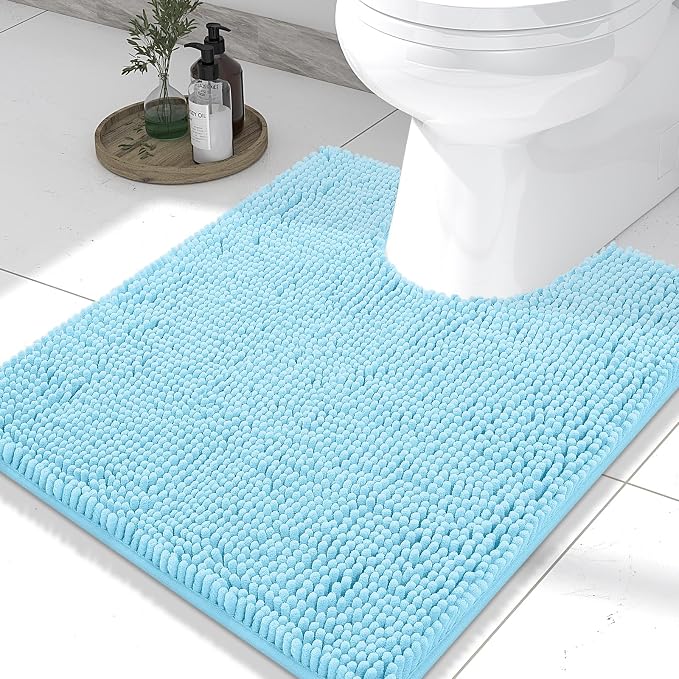 Smiry Luxury Chenille Toilet Rugs U-Shaped 24x20, Soft Absorbent Non-Slip Contour Bathroom Rugs for Toilet, Machine Washable Contoured Bath Mats, Sky Blue