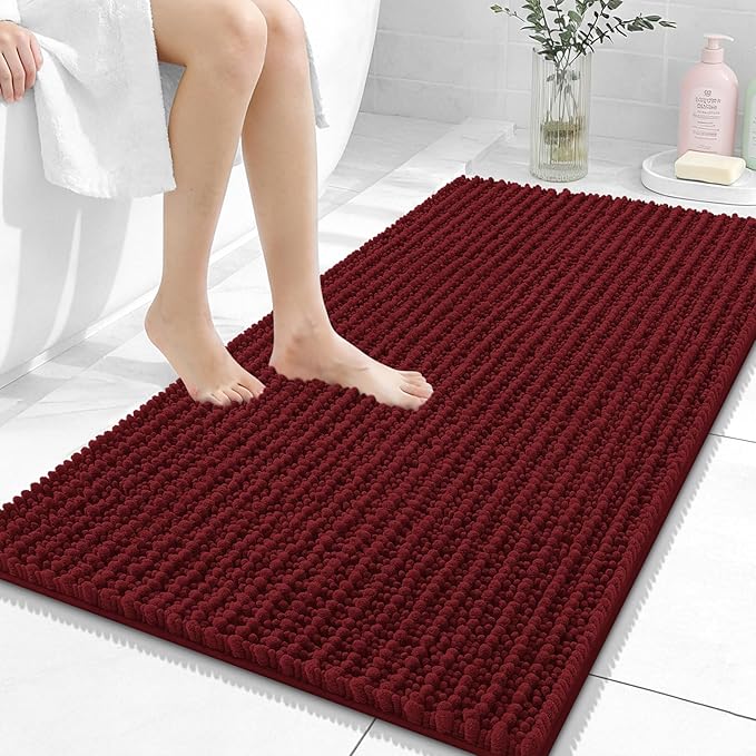 OLANLY Bathroom Rug Mat 44x24, Thick Soft and Absorbent Chenille Bath Mat, Non-Slip Rubber Backing, Machine Washable Quick Dry Bath Rugs for Tub Shower Floor, Home Decor Accessories, Burgundy