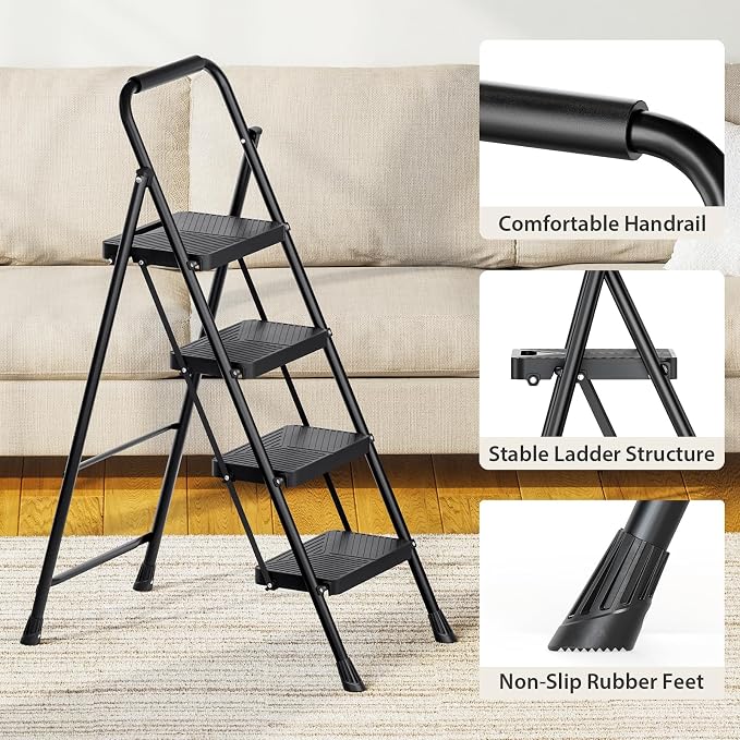 Urackify 4 Step Ladder, Portable Folding Ladder for Multi-Purpose, Home, Kitchen, Heavy Sturdy Steel Step Stool with Handrail, Anti-Slip Wide Pedals, Safe-Lock Design, Pass 500lbs Load Testing, Black