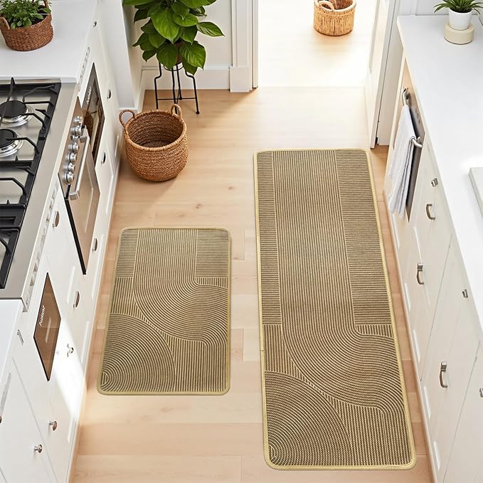 Kitchen Mat Set of 2 PCS, Anti Fatigue Kitchen Floor Mat, Kitchen Runner Cushioned Non Slip for Kichen, Office, Balcony, Yellow, 17" x 30"+17" x 47"