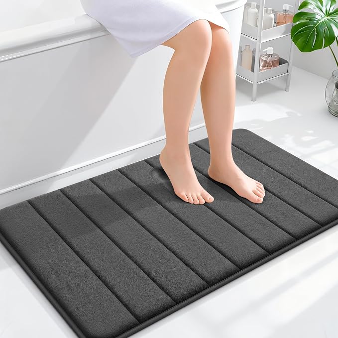 OLANLY Memory Foam Bath Mat 35x24, Super Soft Absorbent Bathroom Rugs, Quick Dry, Machine Washable Shower Floor Rugs, Bathmat Carpet, Bathroom Home Decor Accessories, Black