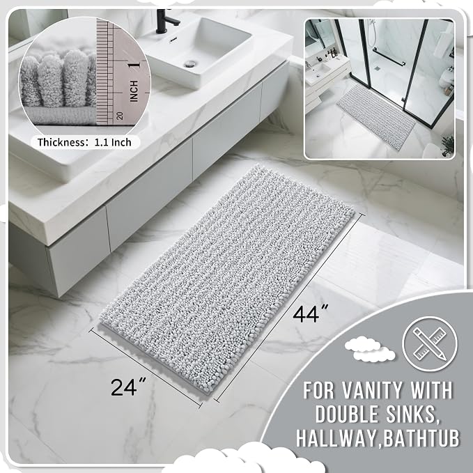 Yimobra Long Bathroom Rugs Non Slip Washable 44x24 Inch - Ultra Soft Absorbent Chenille Bath Mat, Quick Dry Shaggy Floor Carpet for Tub Shower, Silver Home Decor Accessories