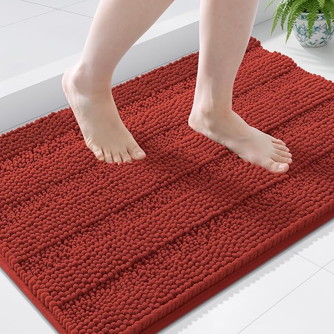 Grandaily Chenille Striped Bathroom Rugs 36x24, Extra Thick and Soft Absorbent Bath Mats, Rubber Backing, Plush Shaggy Shower Carpet, Machine Wash Dry, Bath Rug for Bathroom, Rustic Terracotta