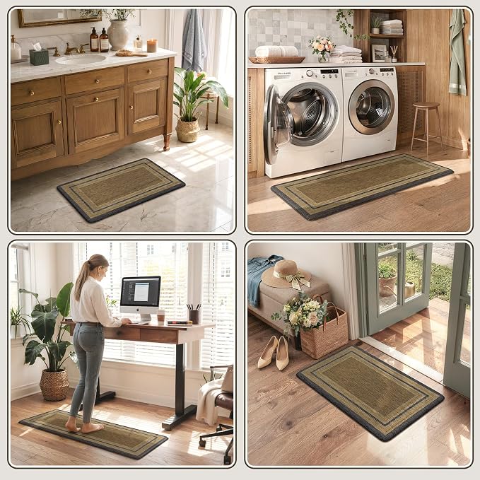 KIMODE Anti Fatigue Kitchen Mats 17"x47"+17"x29", Farmhouse Kitchen Rugs Sets of 2, Non Slip Kitchen Mats for Floor, Cushioned Comfort Standing Mats for Home Deocr Sink Laundry Office Desk Grey/Brown