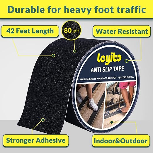 Anti Slip Tape, 4 Inch x 42 Ft Grip Tape for Stairs Outdoor/Indoor, Waterproof Non Skid Roll for Stair Treads Non Slip, High Traction Friction Abrasive Adhesive Stair Steps - Black